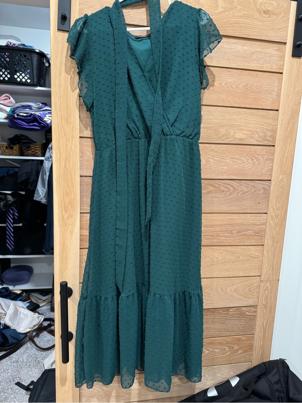 Green Textured Flutter-Sleeve Midi Dress